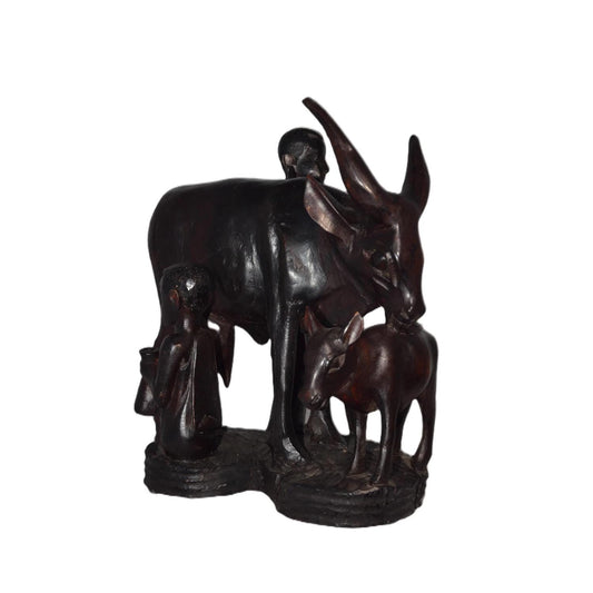 Rwandan Cowherd & Cow Statue – Hand-Carved Wood Milking Scene – Rwanda Art Decor