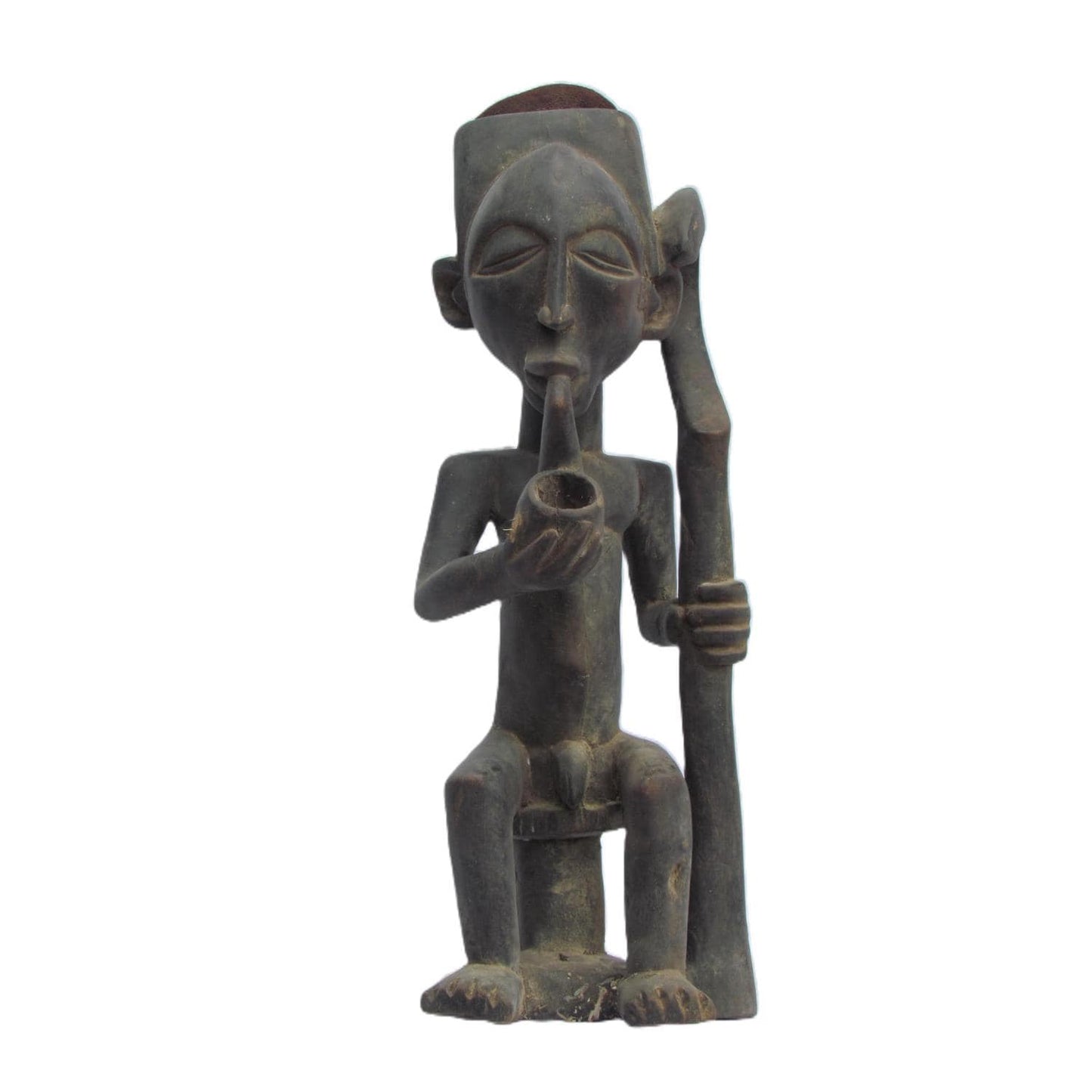 Vintage Lulua "Smoking Man" Mask – 23" Congo Wood Sculpture – African Tribal Art