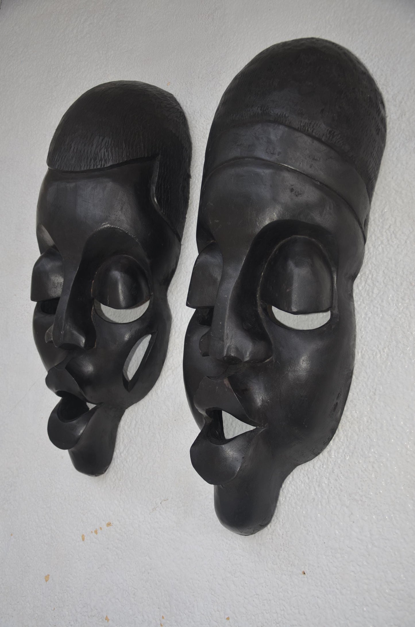 Kinigamazi Mask Pair – 22" Rwanda Wood Wall Art – African Black Face Mask Decor