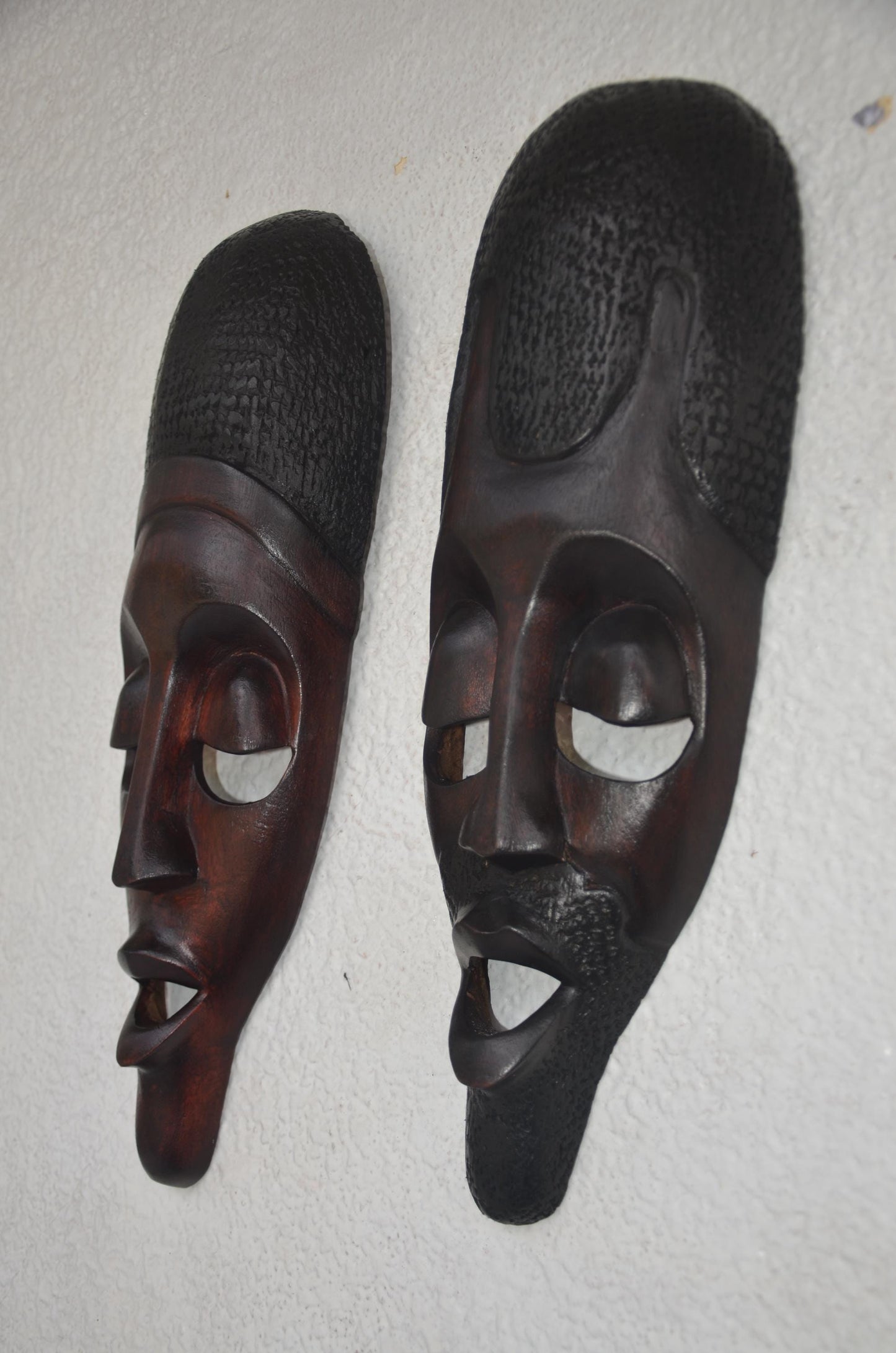 Basindi Mask Pair – 16" Rwanda Wood Wall Art – African Couple Face Mask Set