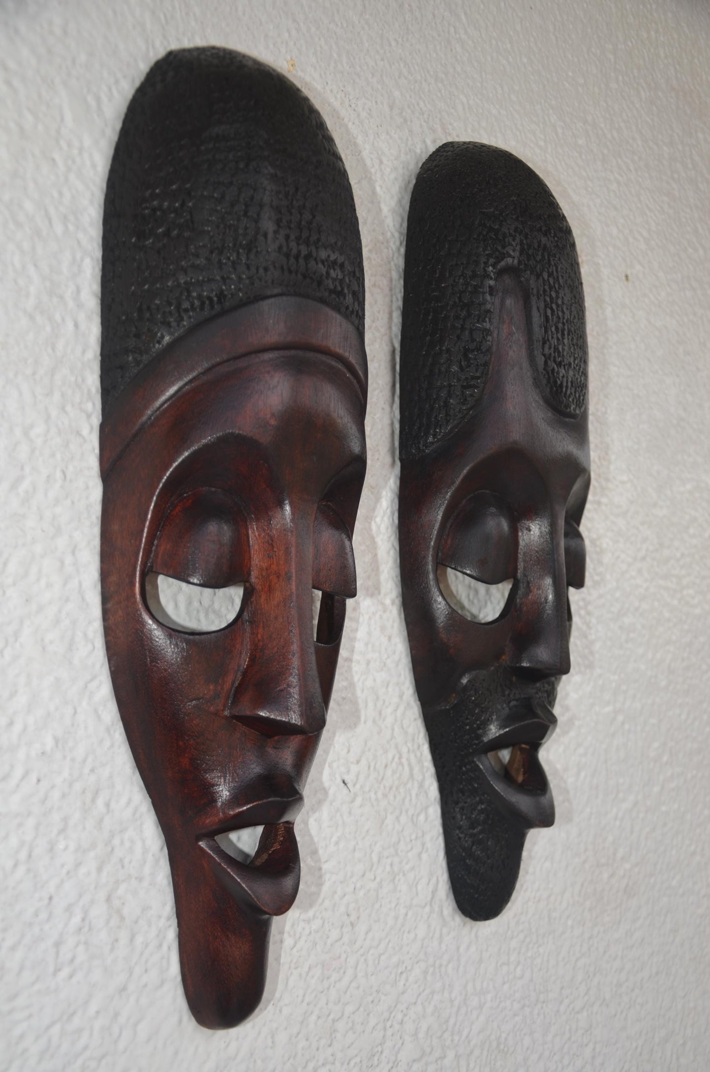 Basindi Mask Pair – 16" Rwanda Wood Wall Art – African Couple Face Mask Set