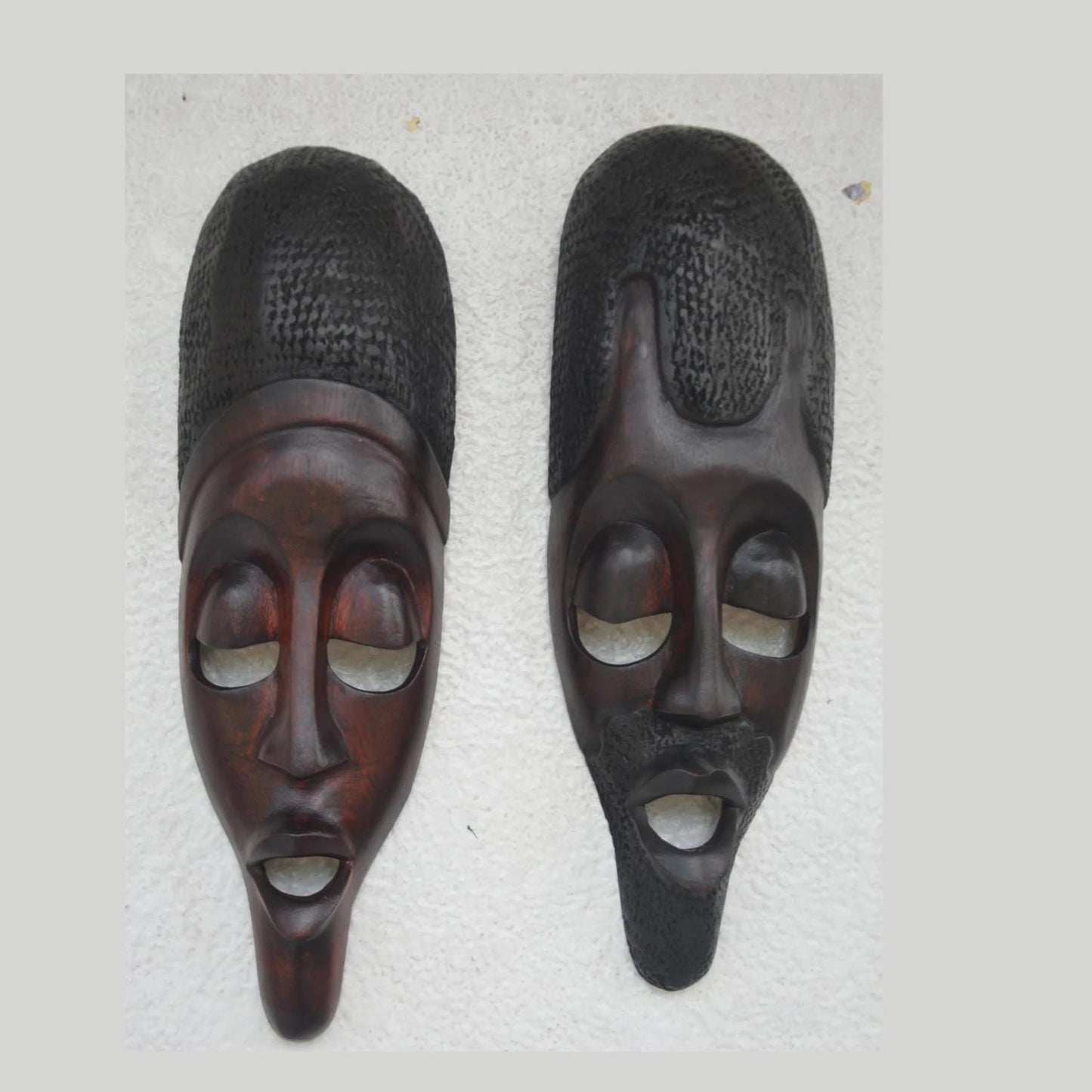 Basindi Mask Pair – 16" Rwanda Wood Wall Art – African Couple Face Mask Set