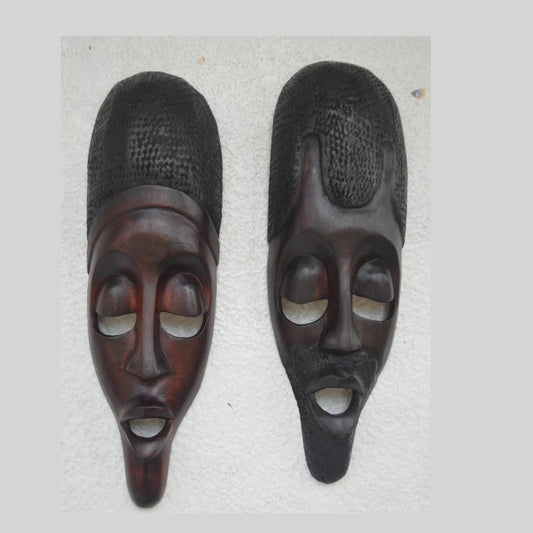 Basindi Mask Pair – 16" Rwanda Wood Wall Art – African Couple Face Mask Set