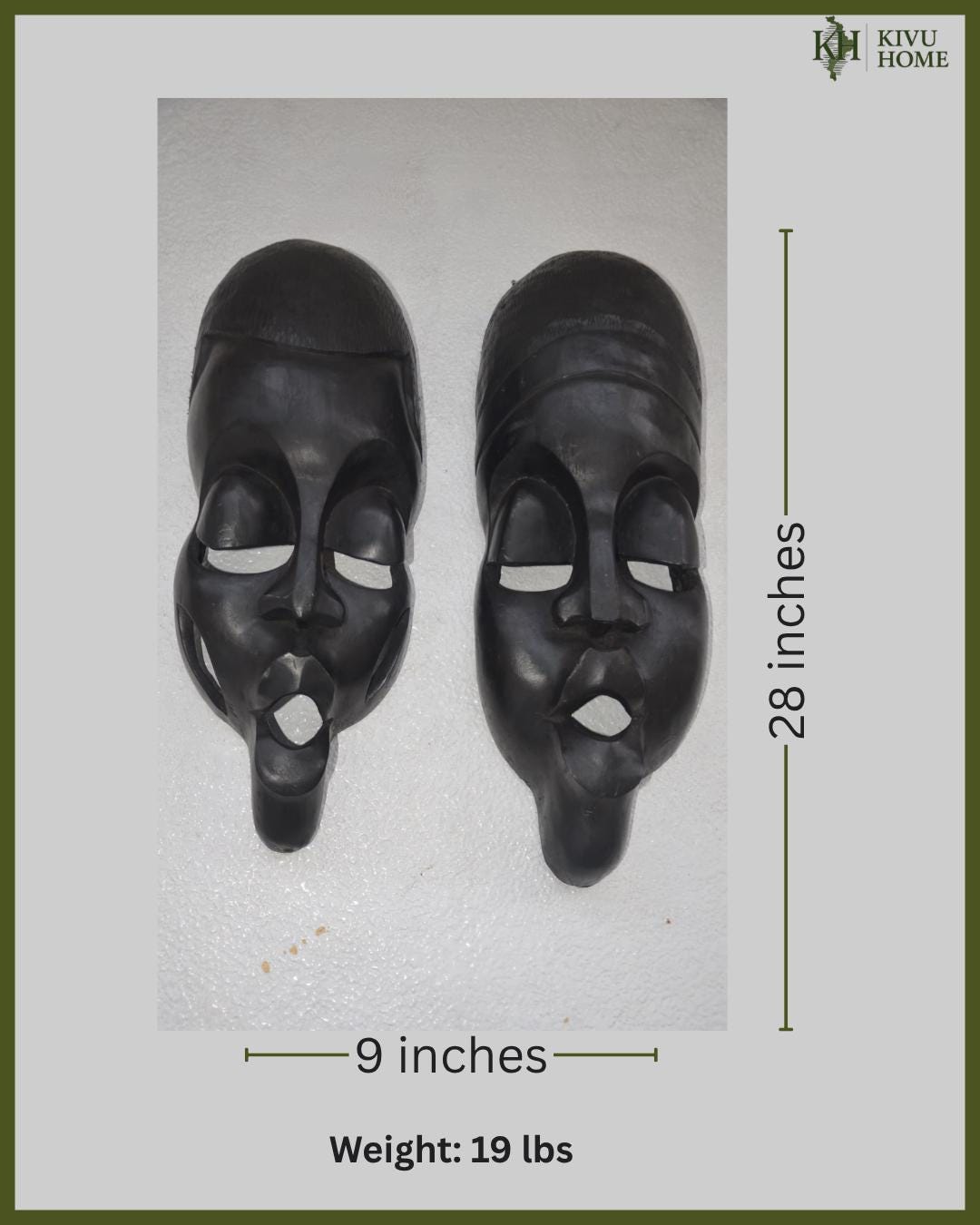 Kinigamazi Mask Pair – 22" Rwanda Wood Wall Art – African Black Face Mask Decor