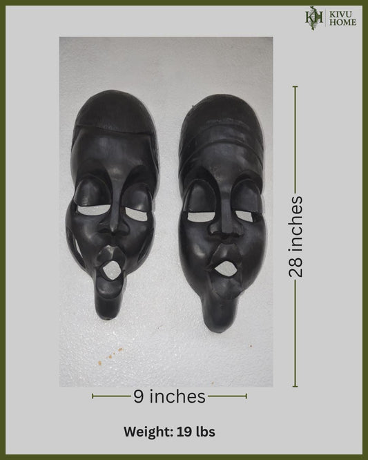 Kinigamazi Mask Pair – 22" Rwanda Wood Wall Art – African Black Face Mask Decor