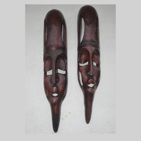 Large Babanda Masks (Pair) – 34" Congo Wood Wall Art – African Elongated Decor