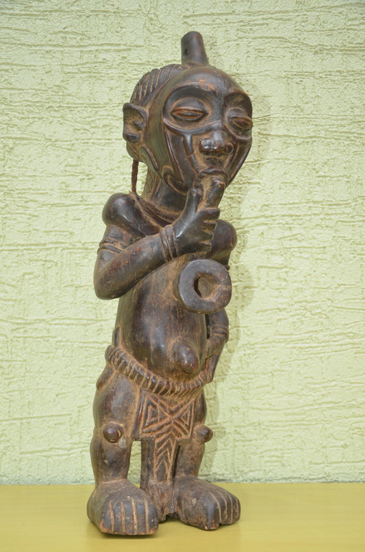Bena Lulua Smoking Pipe Statue – 25" Congo Wood Carving – African Tribal Art