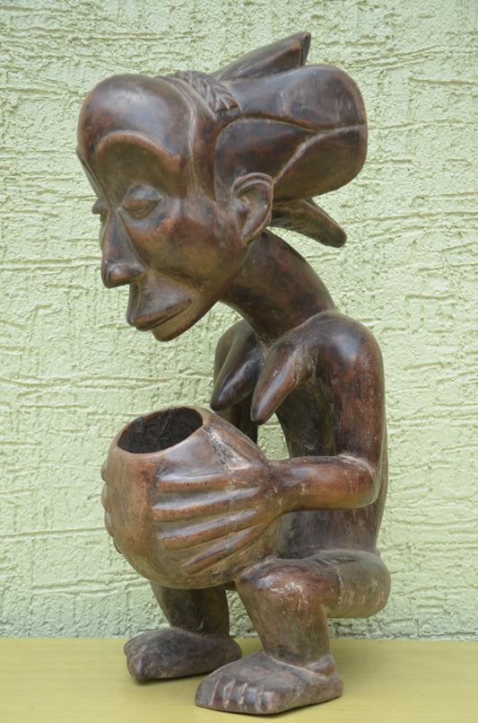 Luba Mboko Bowl Bearer Figure – 20" Congo Wood Statue – African Ancestor Art