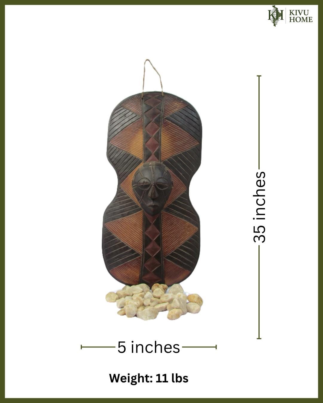 Large Luba Mask Shield – 35" Hand-Carved Wood Wall Art – Congo Tribal Decor Art