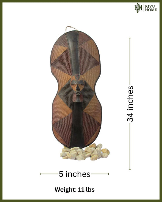 Large Songye Tribal Shield – 34" Hand-Carved Wood Wall Art – Congo Warrior Decor