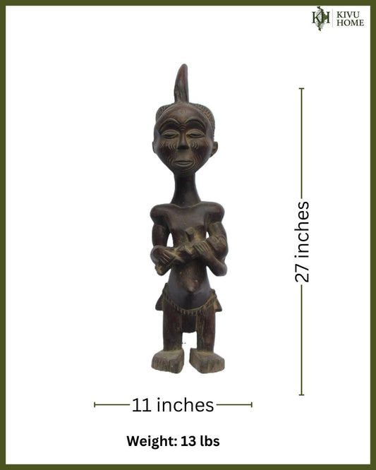 Rare Lulua Maternity Statue – 27" Hand-Carved Wood Sculpture – Congo Mother Art