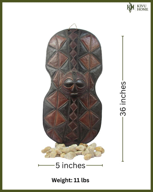 Large Luba Mask Shield – 36" Hand-Carved Wood Wall Art – Congo Tribal Decor