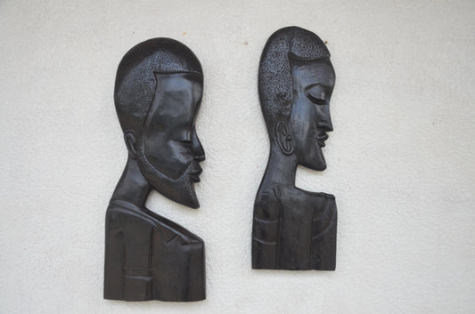 Bungura Head Side Profiles – 21" Rwanda Wood Wall Art – African Couple Set