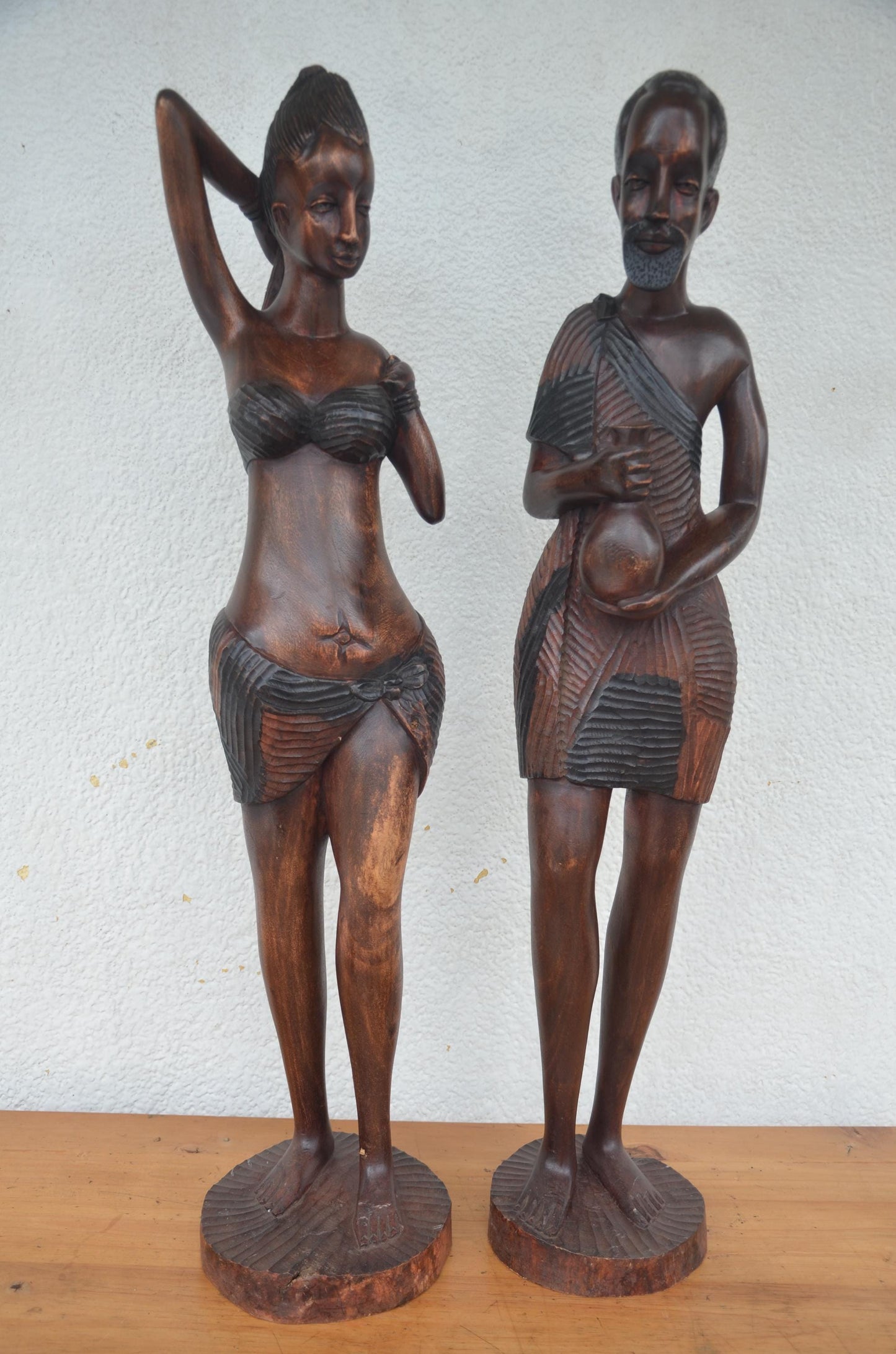 Basinga Couple Statue – 37" Rwanda Kingdom Wood Carving – Large Ancestor Art