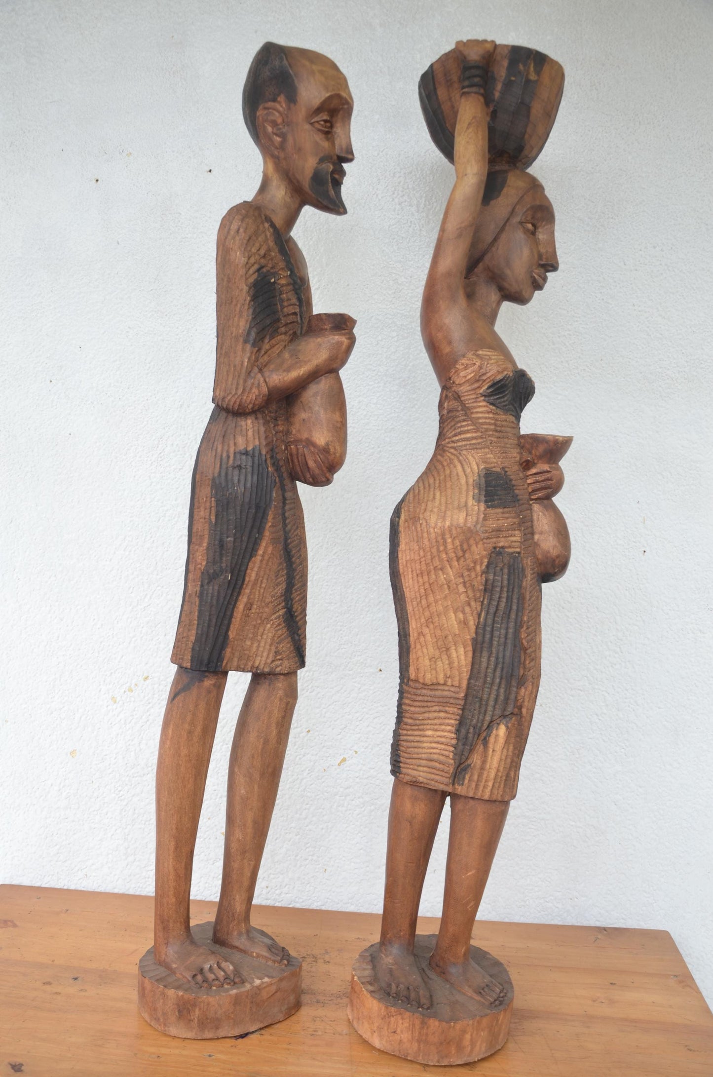 Huge 49" Rwanda Statue Couple – Hand-Carved Wood – African Ancestor Sculpture