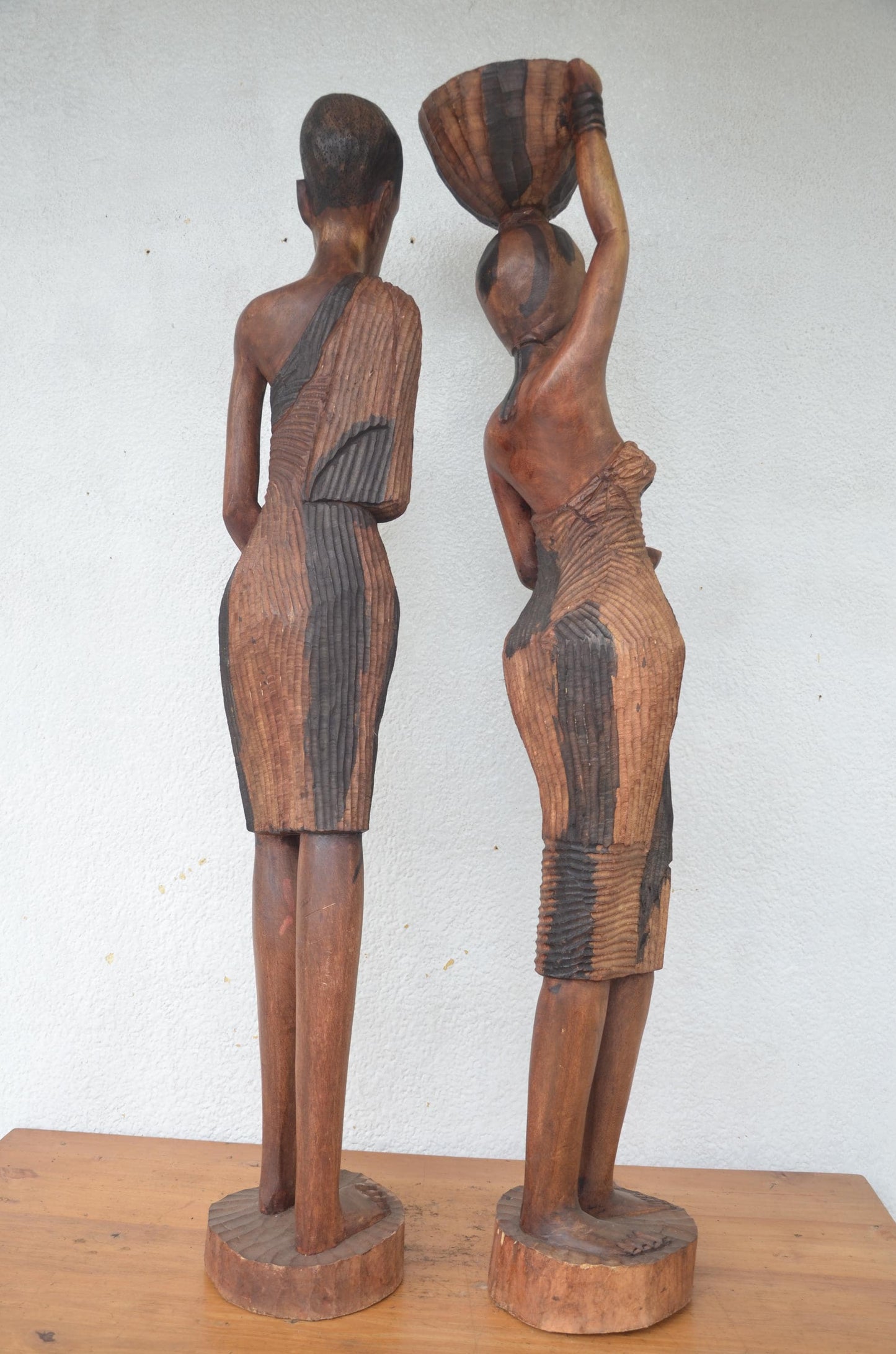 Huge 49" Rwanda Statue Couple – Hand-Carved Wood – African Ancestor Sculpture