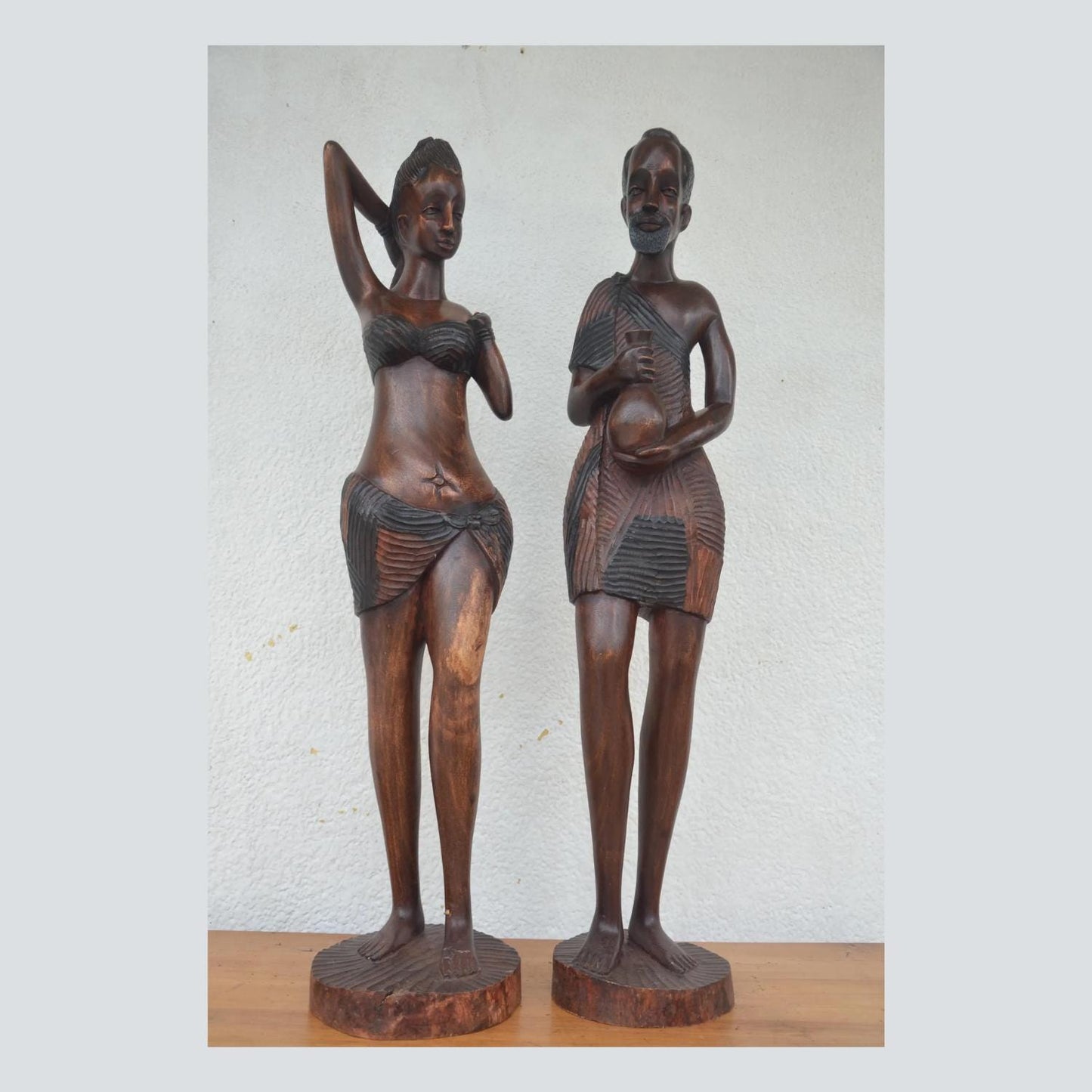 Basinga Couple Statue – 37" Rwanda Kingdom Wood Carving – Large Ancestor Art