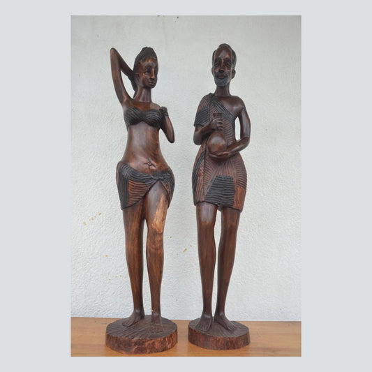 Basinga Couple Statue – 37" Rwanda Kingdom Wood Carving – Large Ancestor Art