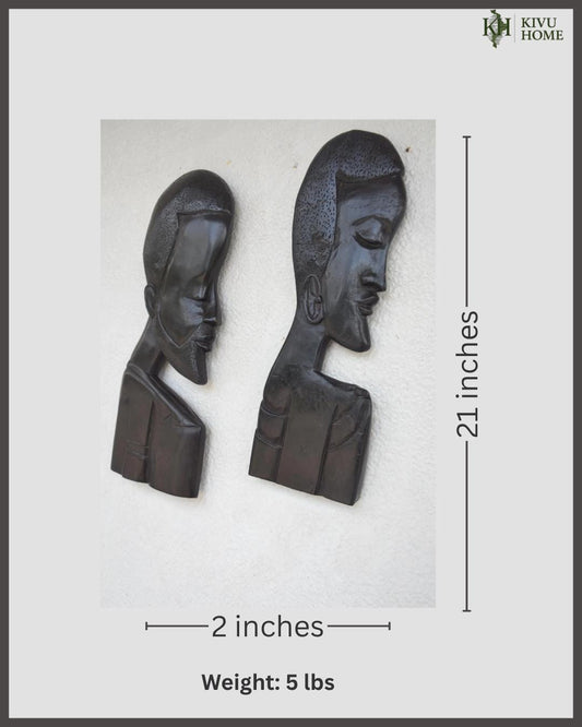 Bungura Head Side Profiles – 21" Rwanda Wood Wall Art – African Couple Set