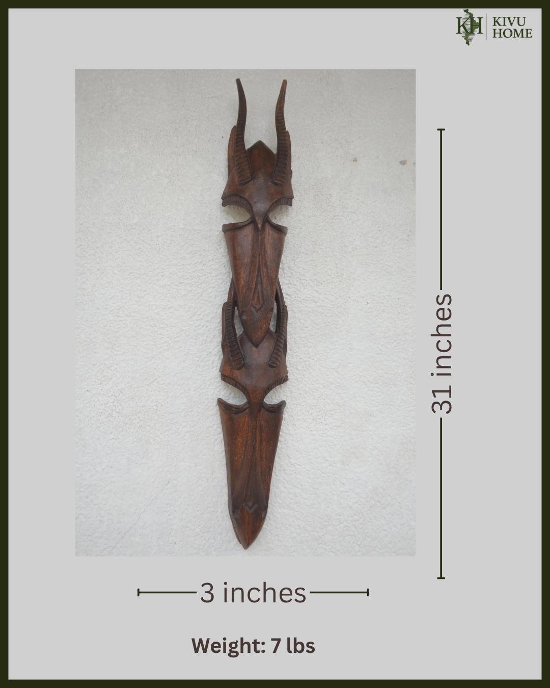 Stacked Janus Antelope Mask – 34" Rwanda Wood Wall Art – African Couple Decor