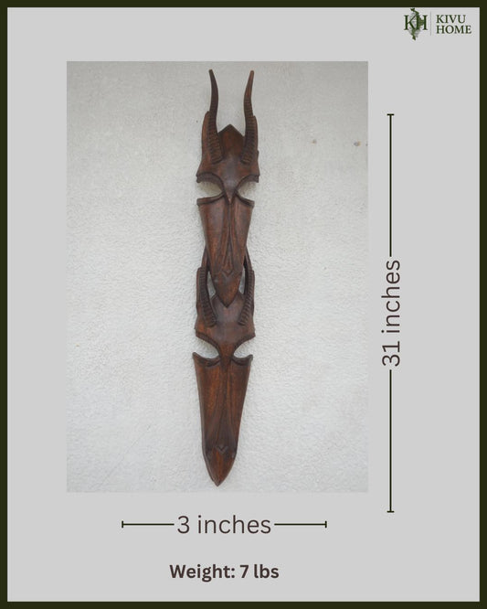 Stacked Janus Antelope Mask – 34" Rwanda Wood Wall Art – African Couple Decor