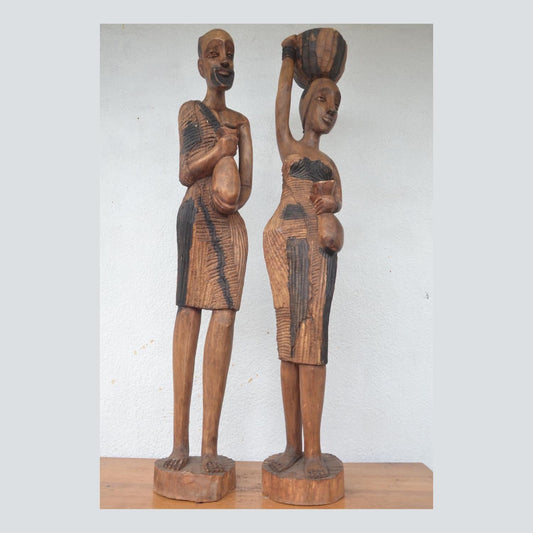 Huge 49" Rwanda Statue Couple – Hand-Carved Wood – African Ancestor Sculpture