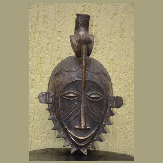 Cast Metal Senufo Kpelye Mask – 16" Ivory Coast Bronze Art – African Portrait Mask