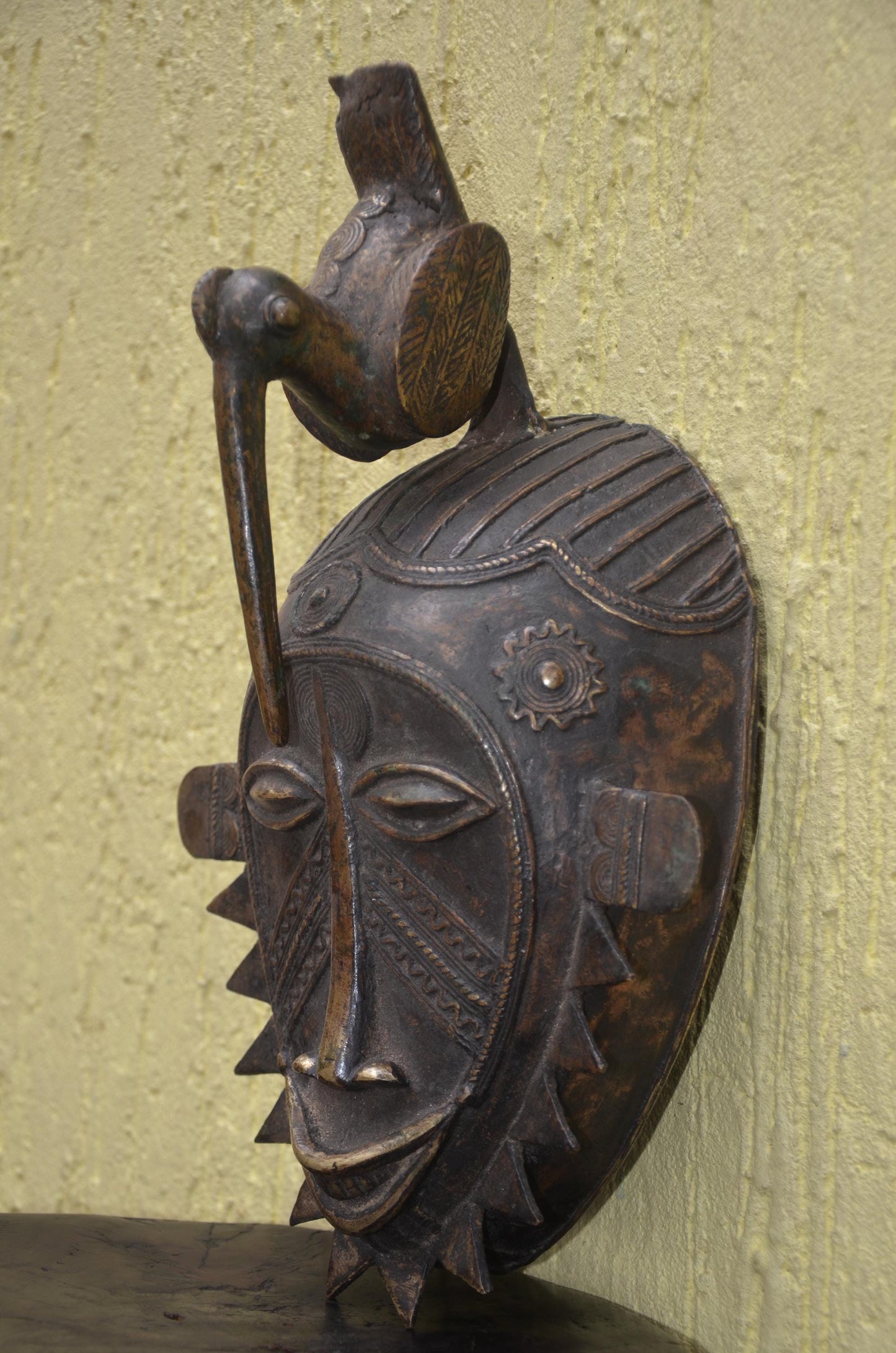 Cast Metal Senufo Kpelye Mask – 16" Ivory Coast Bronze Art – African Portrait Mask