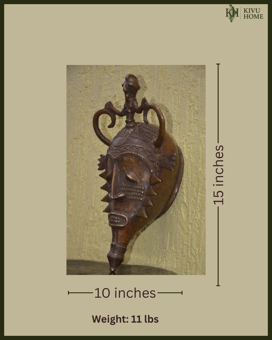 Baule Goli Bronze Mask – 15" Ivory Coast Metal Art – African Buffalo Spirit