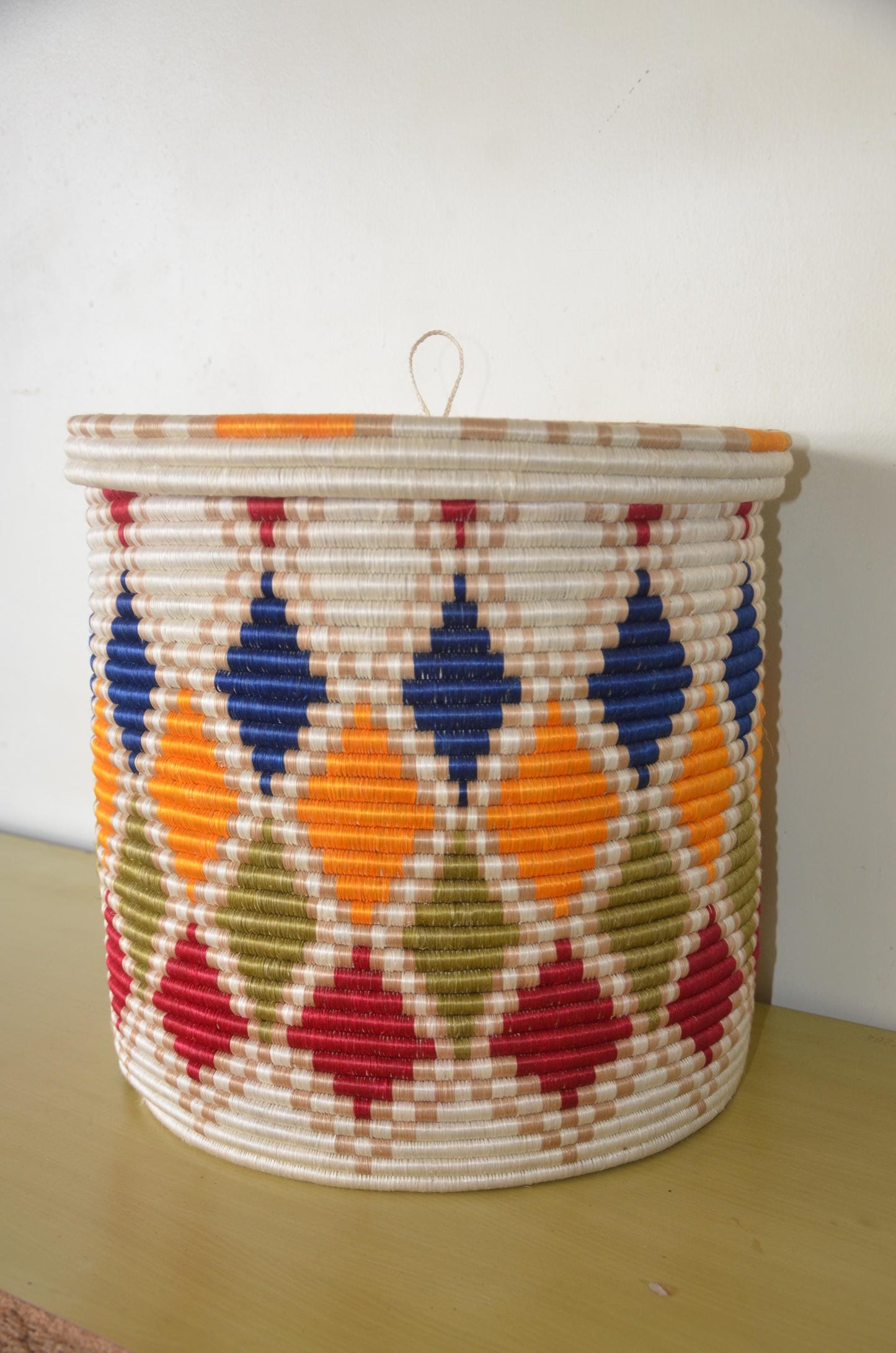 Large Rwandan Agaseke Basket – 18" Lidded Storage – Colorful Woven Peace Art