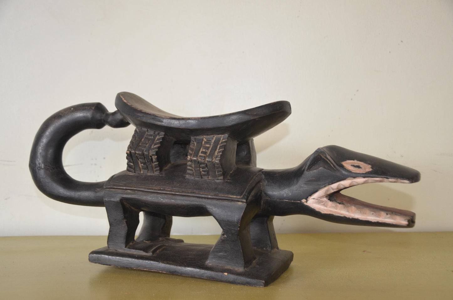 African Crocodile Lobi Power Stool – 22" Hand-Carved Wood – Ritual Animal Statue
