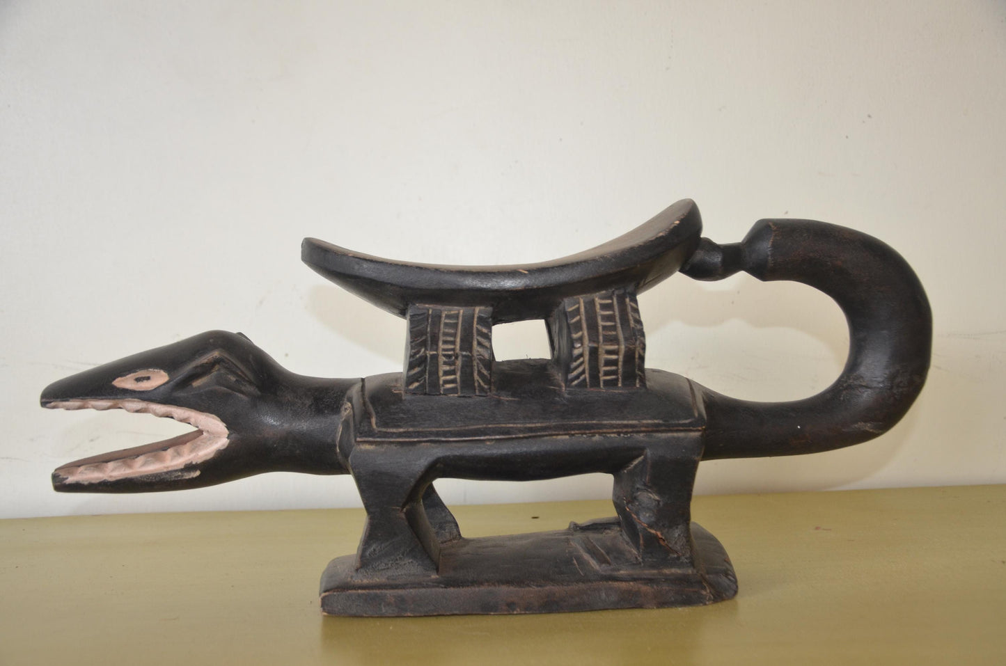 African Crocodile Lobi Power Stool – 22" Hand-Carved Wood – Ritual Animal Statue