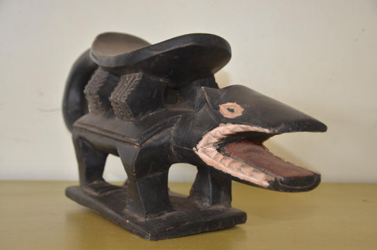 African Crocodile Lobi Power Stool – 22" Hand-Carved Wood – Ritual Animal Statue