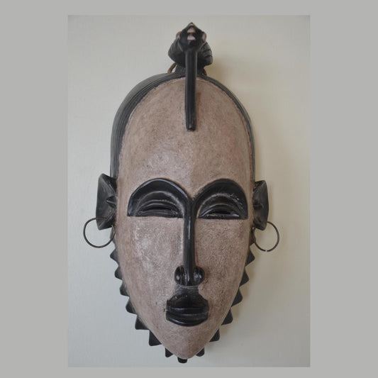 Baule Mblo Portrait Mask – Bird Crest & Earrings – Ivory Coast Tribal Wall Art