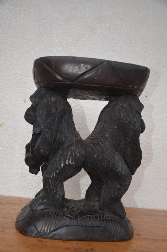 Hand-Carved Gorilla Stool – 15" Rwandan Wood Art – African Wildlife Decor