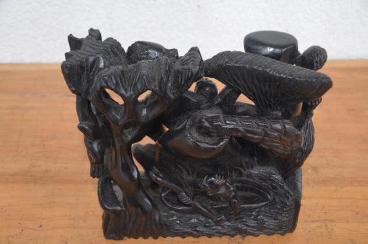 Nyiragongo Volcano Village – 10" Hand-Carved Wood – African Narrative Art