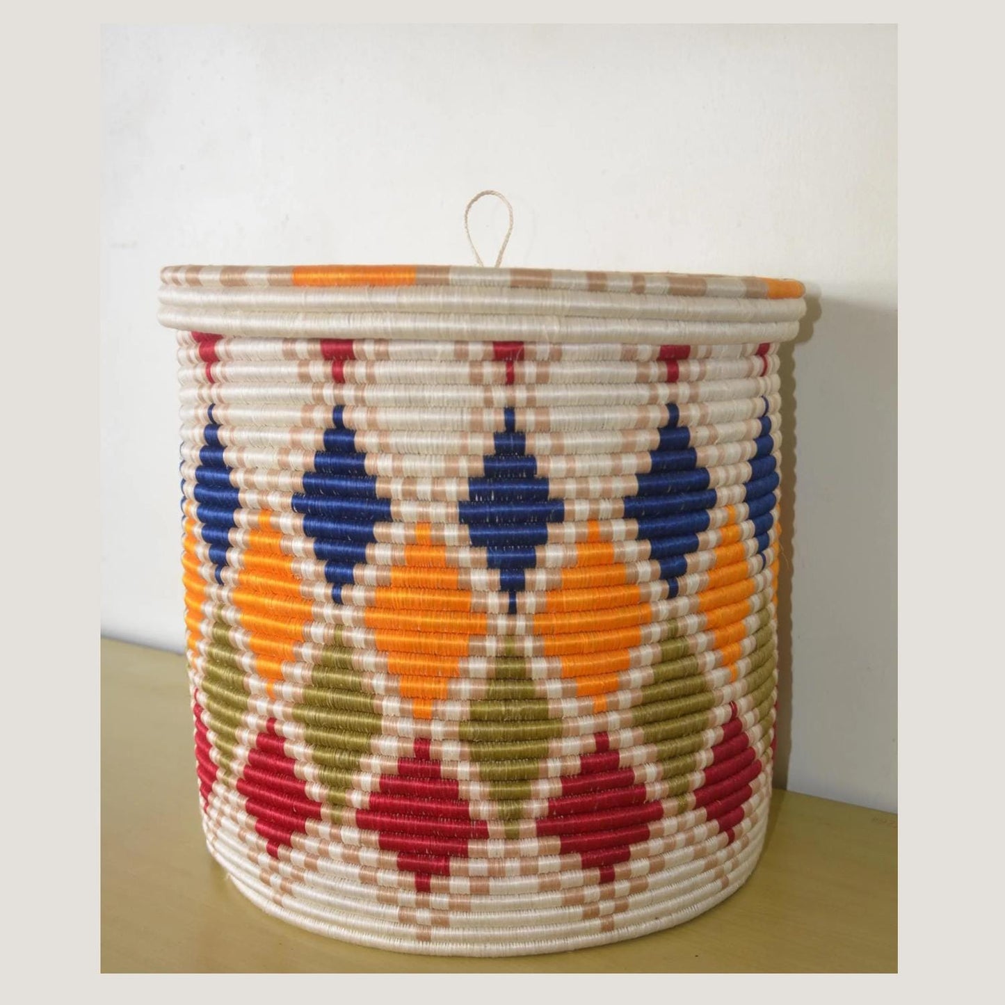 Large Rwandan Agaseke Basket – 18" Lidded Storage – Colorful Woven Peace Art