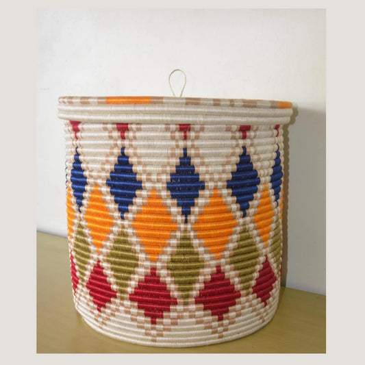 Large Rwandan Agaseke Basket – 18" Lidded Storage – Colorful Woven Peace Art