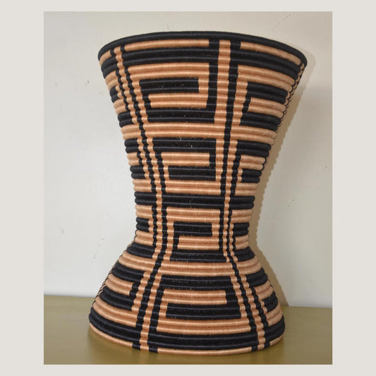 Rwandan Woven Hourglass Stand – 19" Black & Natural Pedestal – African Decor