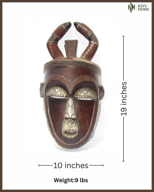 Antique Ngata Tribal Casque Mask – 19" Wood & Metal Helmet – Rare Congolese Art