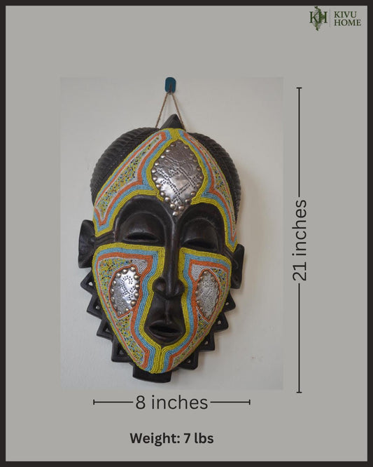 Beaded Guro Mblo Mask – 21" Ivory Coast Wood Wall Art – African Tribal Beadwork