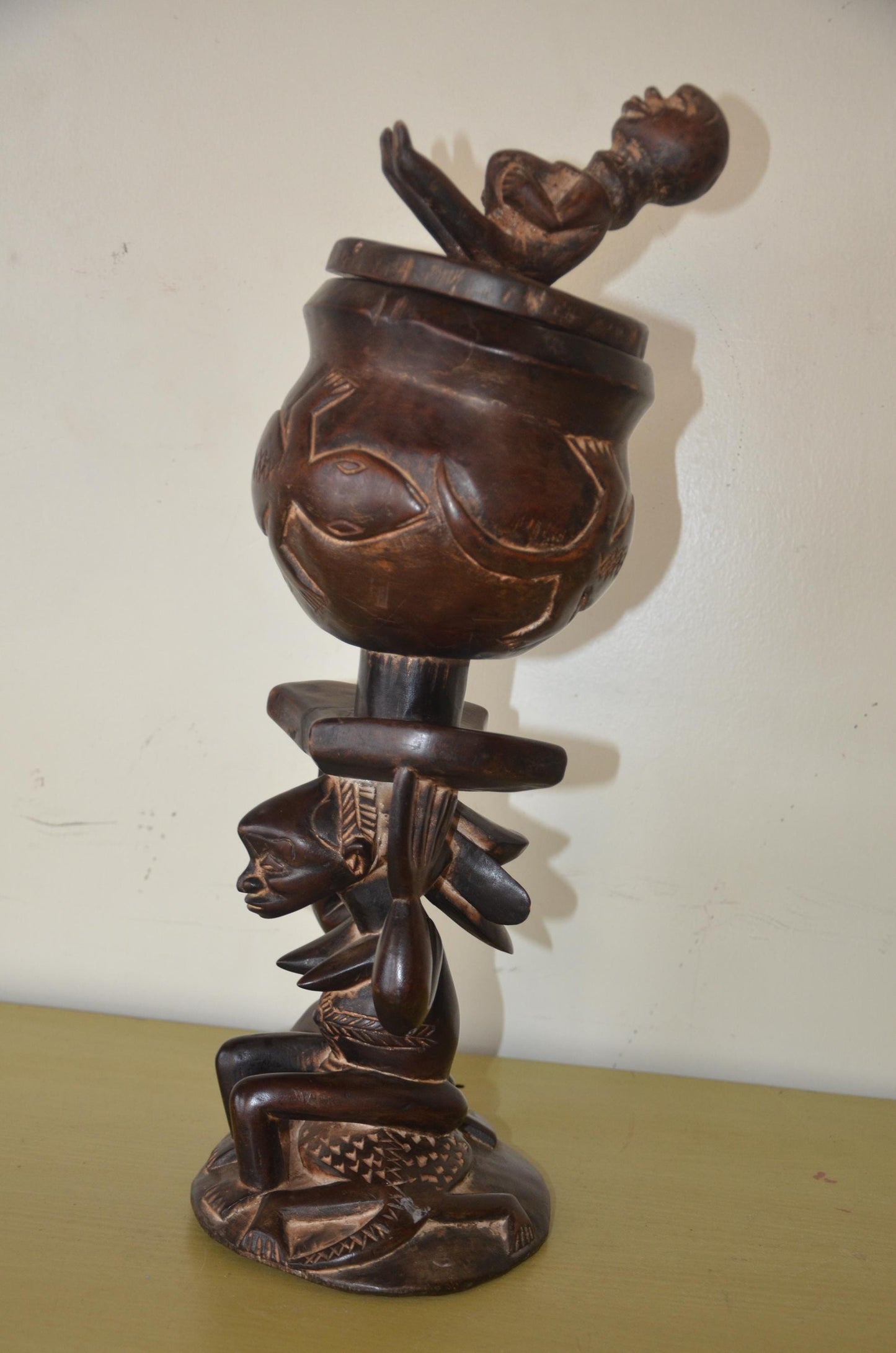 Hand Carved Luba Caryatid Offering Bowl – Authentic African Wood Sculpture, Traditional Tribal Art for Shelf or Statement Home Decor