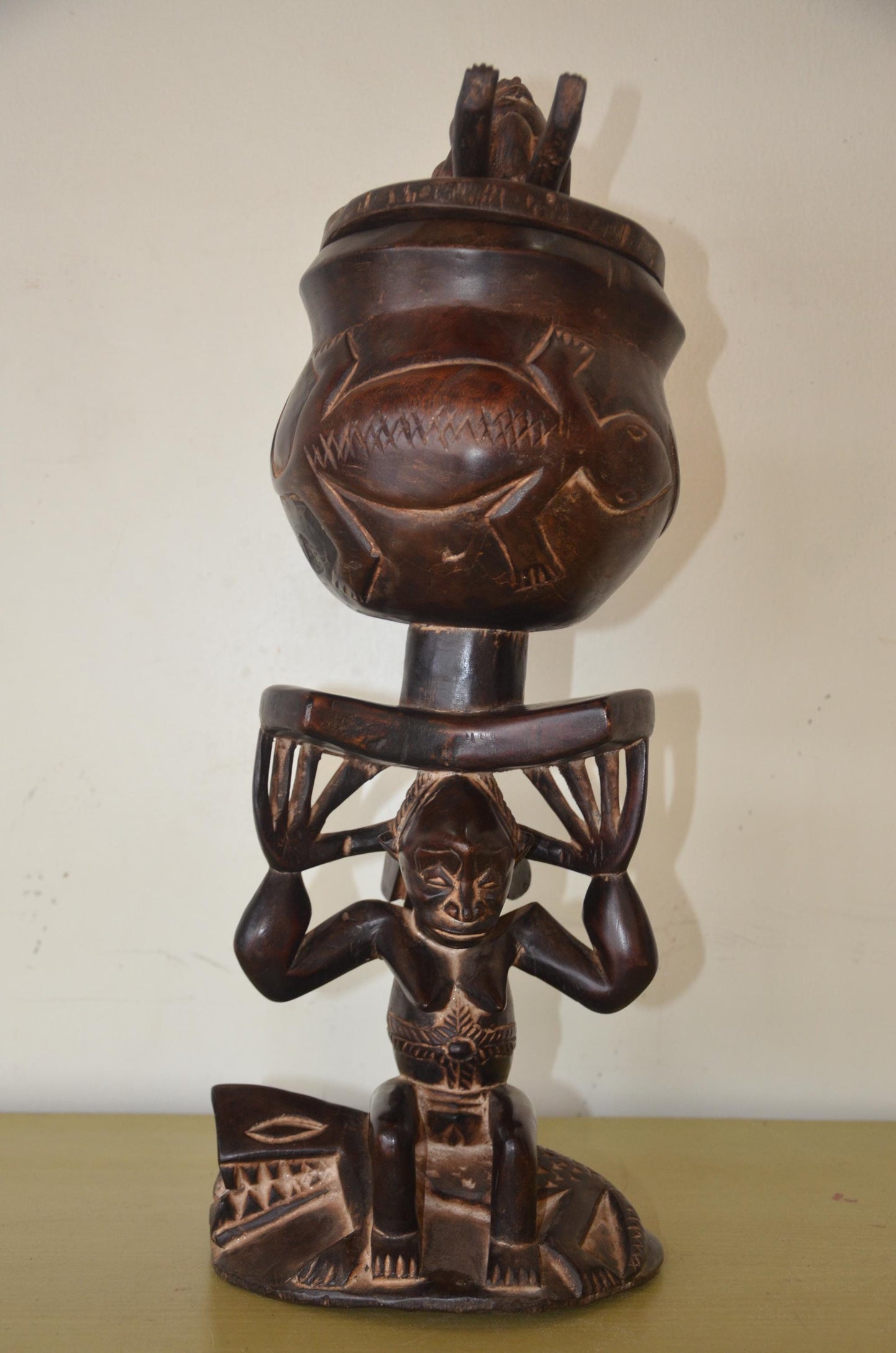 Hand Carved Luba Caryatid Offering Bowl – Authentic African Wood Sculpture, Traditional Tribal Art for Shelf or Statement Home Decor