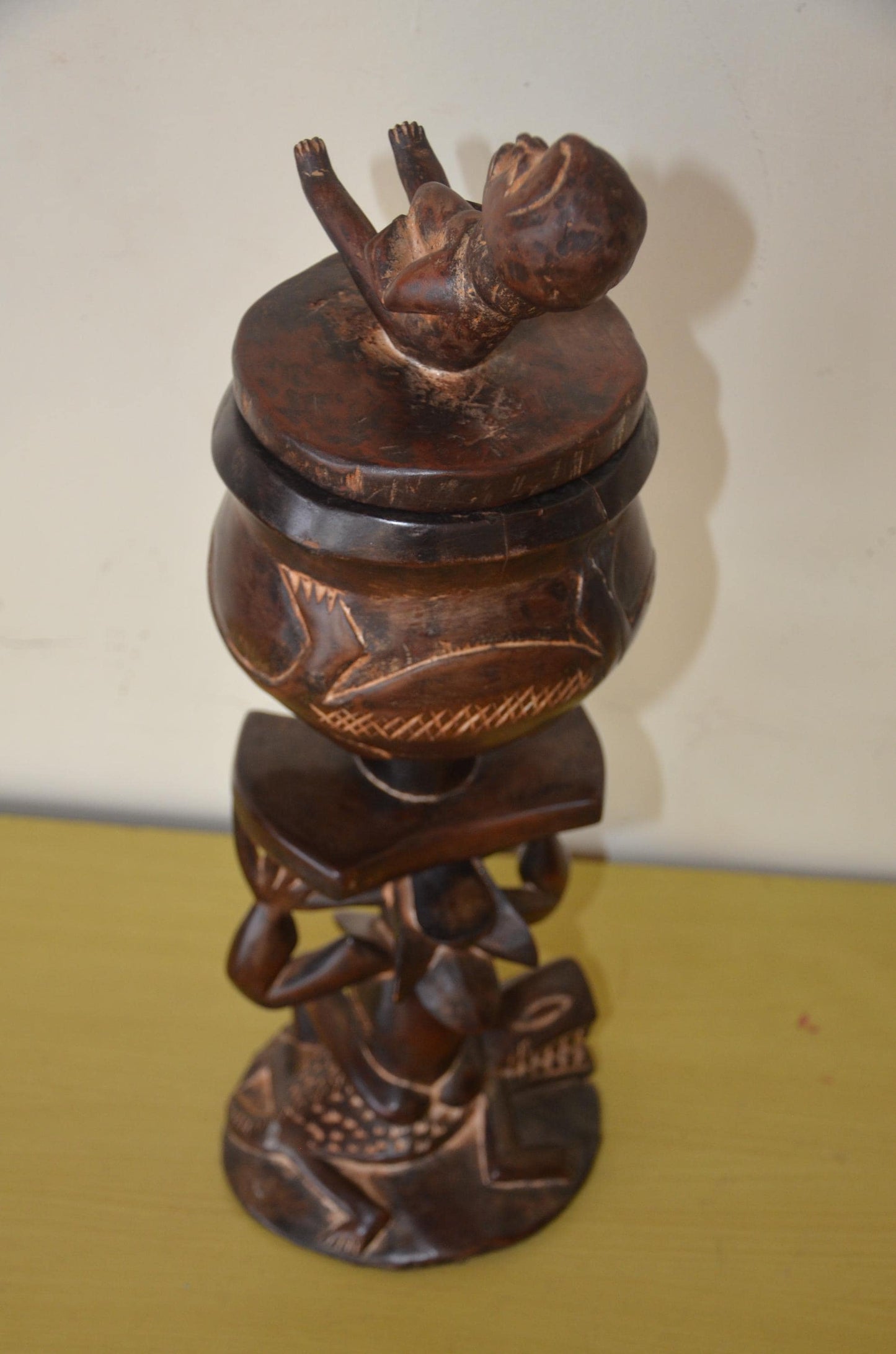 Hand Carved Luba Caryatid Offering Bowl – Authentic African Wood Sculpture, Traditional Tribal Art for Shelf or Statement Home Decor