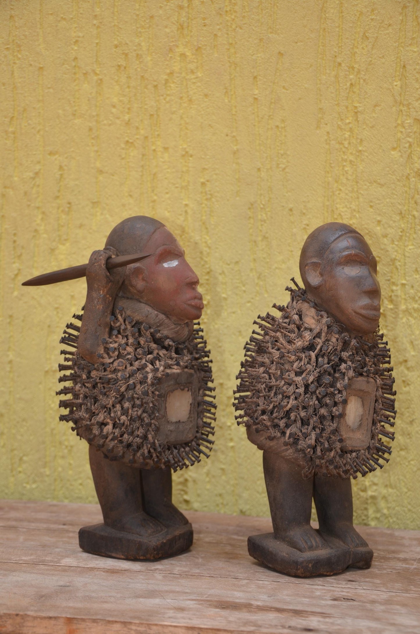 Pair of Bakongo Protector Figures – Vintage Nkisi Nkondi Power Statues – Tribal African Art
