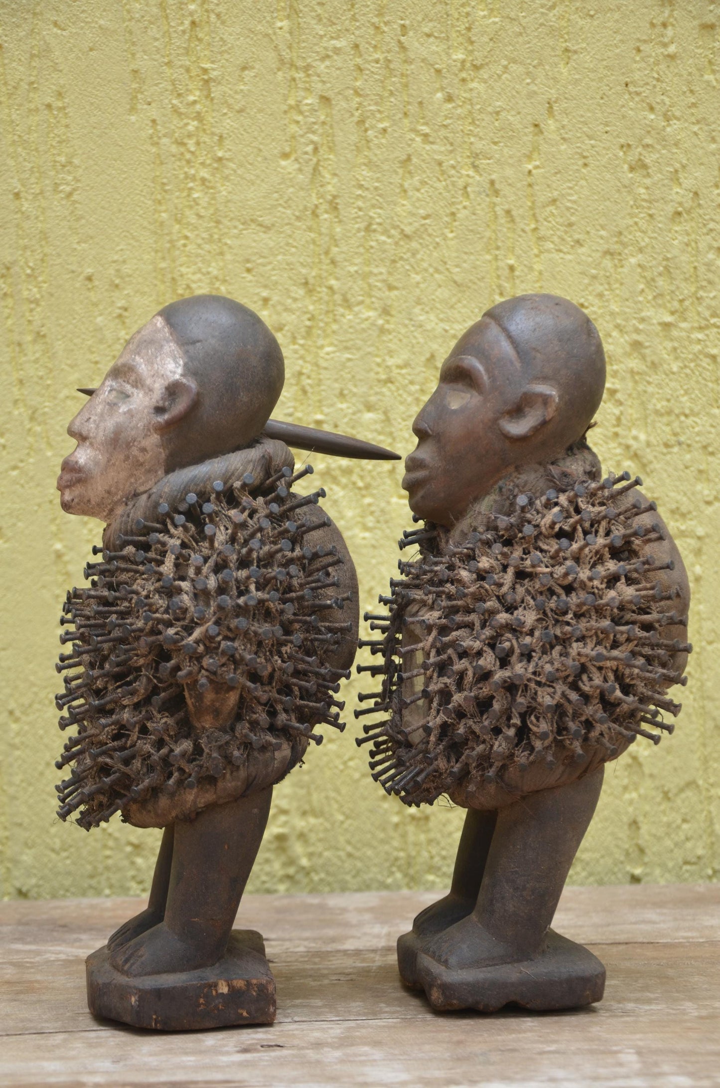 Pair of Bakongo Protector Figures – Vintage Nkisi Nkondi Power Statues – Tribal African Art
