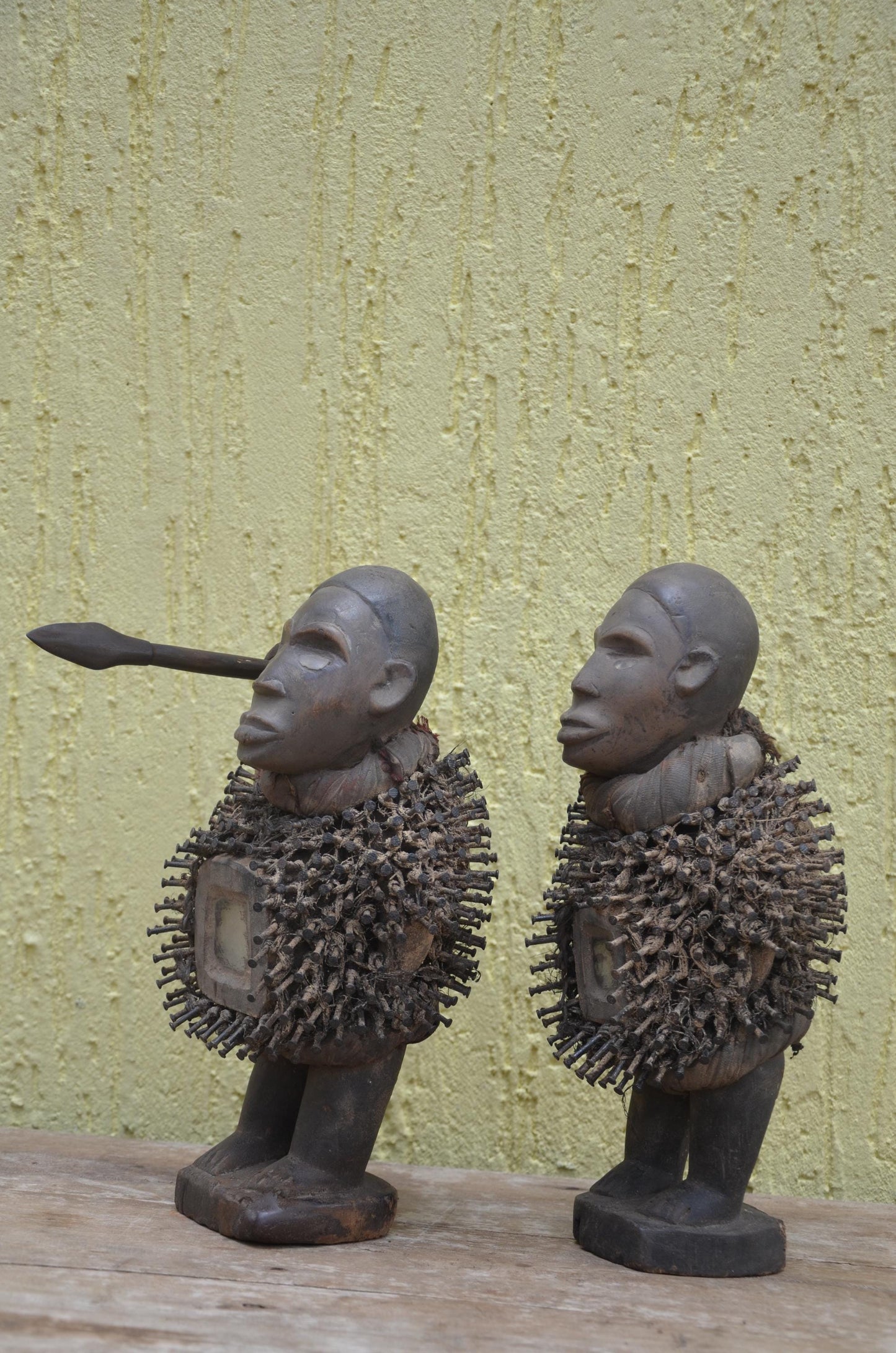 Pair of Kongo Fetish Figures – African Nkisi Nkondi Nail Statues – Hand-Carved Power Sculpture