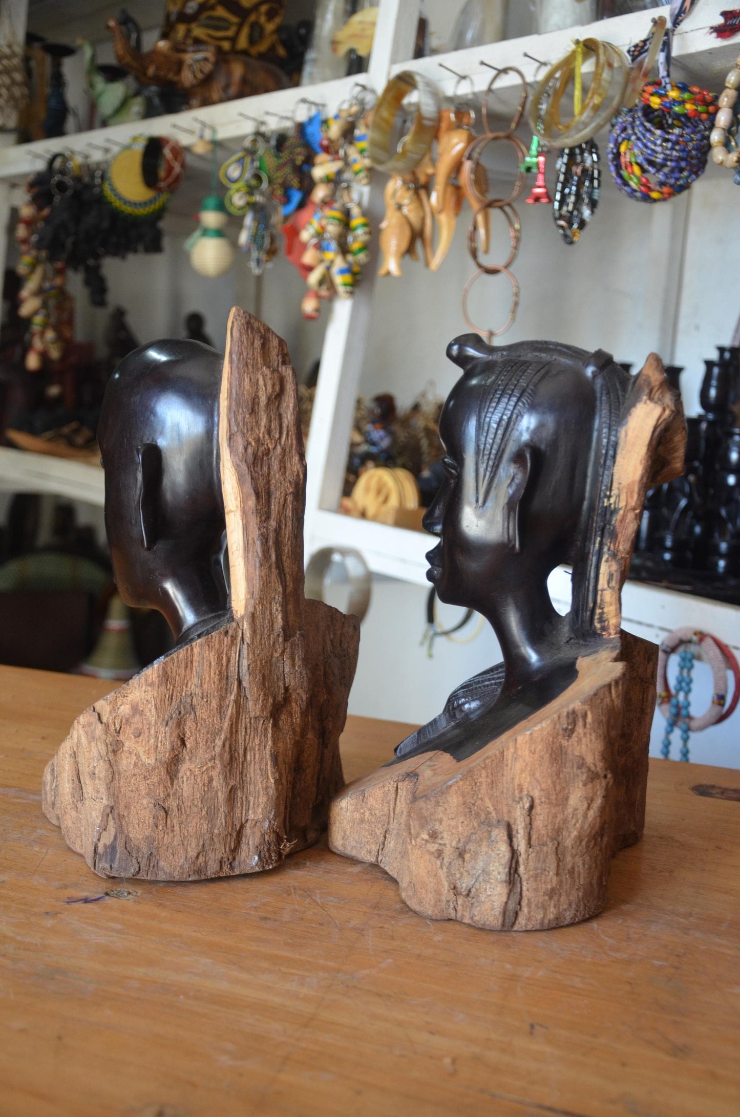 Maasai Ebony Wood Heads Couple – Pair of 20" Hand-Carved East African Statues