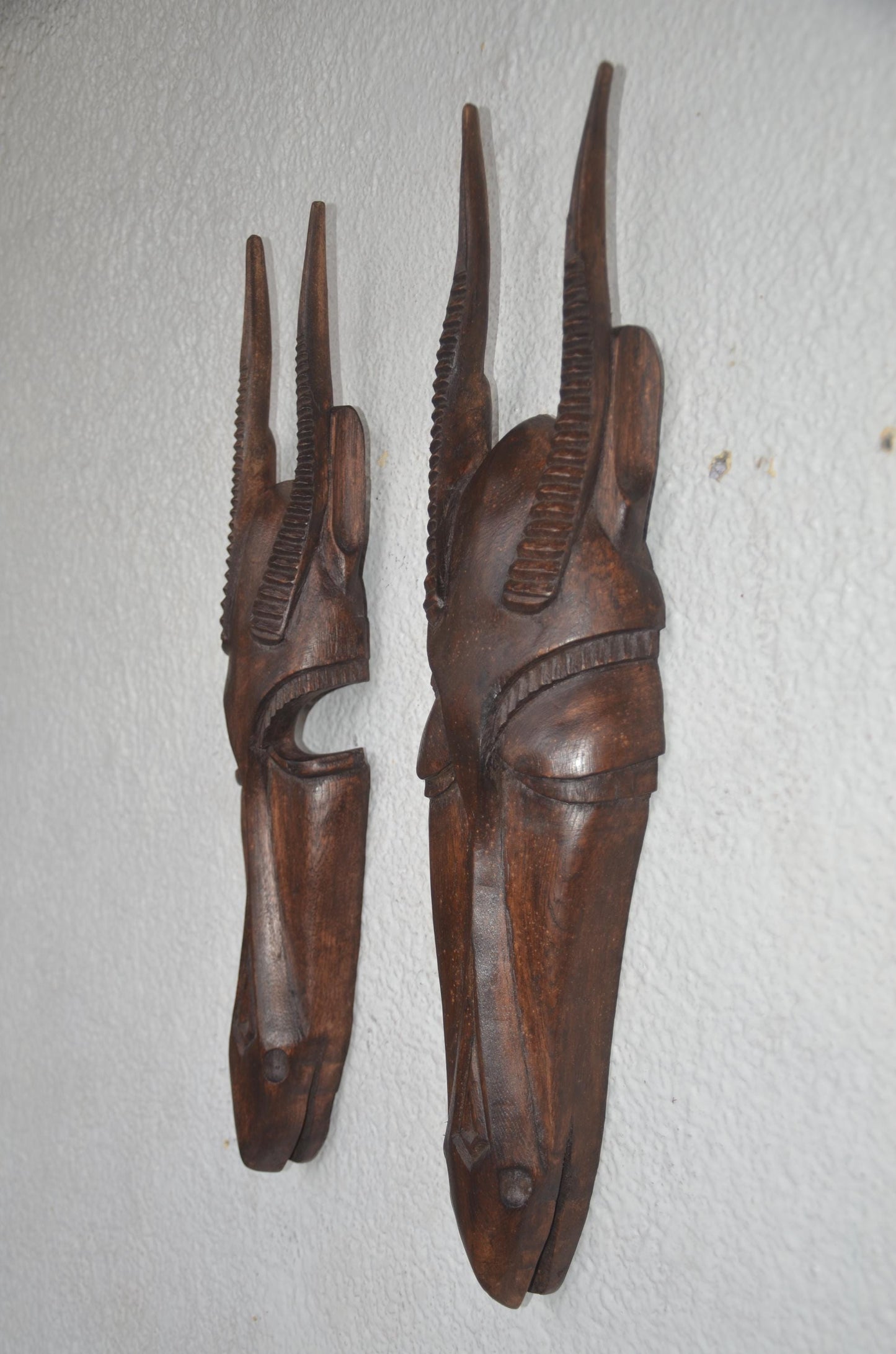 Antelope Couple Facemasks – 21" Hand-Carved Wood – African Tribal Wall Decor