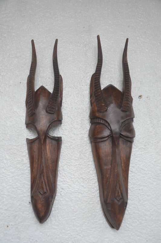 Antelope Couple Facemasks – 21" Hand-Carved Wood – African Tribal Wall Decor